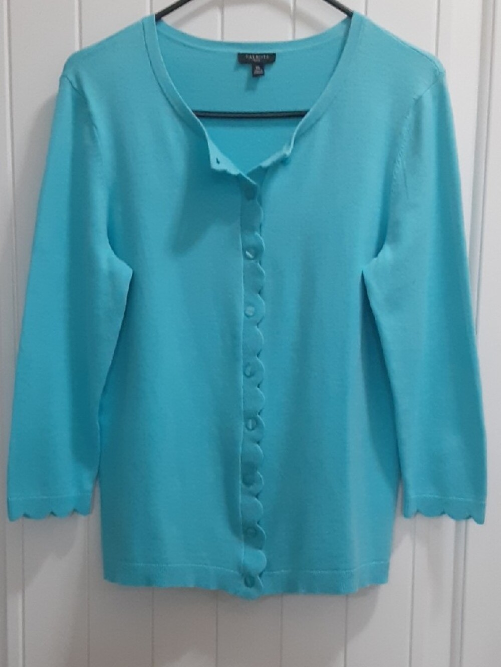 Talbots Petite Charming Cardigan Size MP Teal Blue Scallop Ribbed Knit Sweater